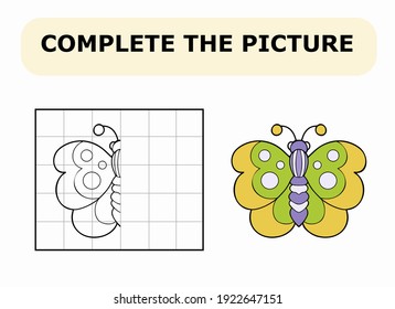 Complete the picture. Coloring book. Educational game for children. Cartoon vector illustration of green butterfly.