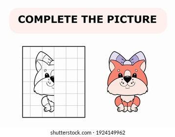 Complete the picture. Coloring book. Educational game for children. Cartoon vector illustration of cute little cat.