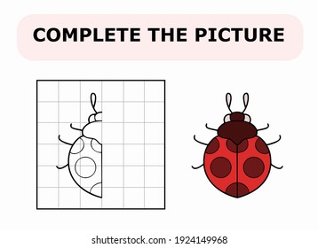 Complete the picture. Coloring book. Educational game for children. Cartoon vector illustration of cute little ladybug.