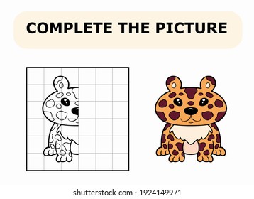 Completa la imagen. Libro de colorear. Juego educativo para niños. Dibujo vectorial de dibujos animados de un pequeño leopardo lindo.