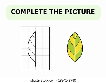 Complete the picture. Coloring book. Educational game for children. Cartoon vector illustration of green leaf.