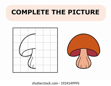 Complete the picture. Coloring book. Educational game for children. Cartoon vector illustration of mushroom.
