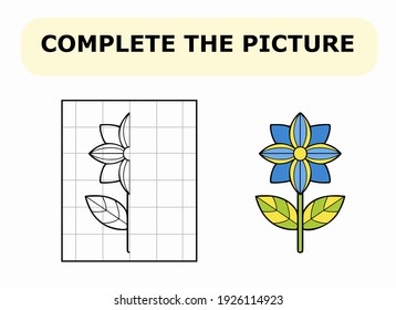 Complete the picture. Coloring book. Educational game for children. Cartoon vector illustration of flower.