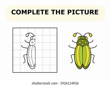 Complete the picture. Coloring book. Educational game for children. Cartoon vector illustration of cute green bug.