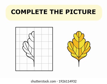 Complete the picture. Coloring book. Educational game for children. Cartoon vector illustration of leaf.