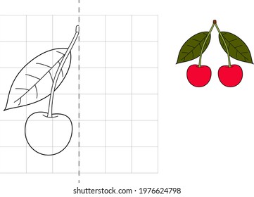 Complete the picture and coloring. Cherry. Game for kids: symmetry.