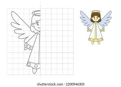 Complete the picture and coloring. Christmas angel. Game for kids: symmetry.