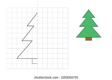 Complete the picture and coloring. Christmas tree. Game for kids: symmetry.