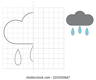 Complete the picture and coloring. Cloud. Weather phenomenon. Game for kids: symmetry.