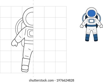 Complete the picture and coloring. Cosmonaut. Game for kids: symmetry.