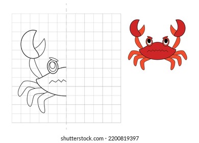 Complete the picture and coloring. Crab. Game for kids: symmetry.