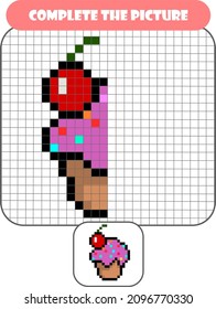 Complete the picture and coloring. Cupcake pixel art. Educational game for children. 