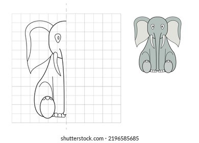 Complete the picture and coloring. Elephant. Game for kids: symmetry.