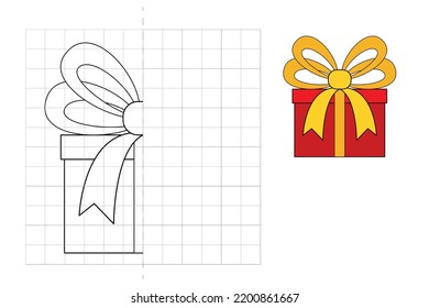 Complete the picture and coloring. Gift box. Game for kids: symmetry.