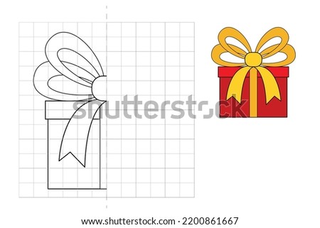 Complete the picture and coloring. Gift box. Game for kids: symmetry.