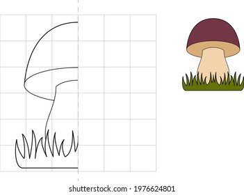 Complete the picture and coloring. Mushroom. Game for kids: symmetry.