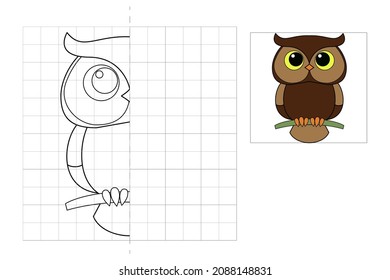 Complete the picture and coloring. Owl. Game for kids: symmetry.