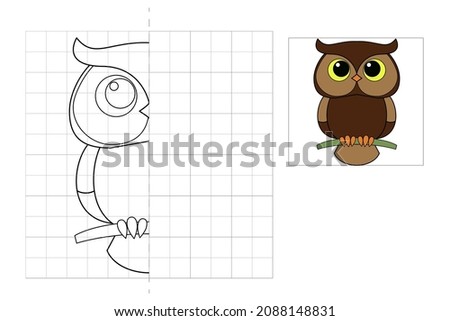 Complete the picture and coloring. Owl. Game for kids: symmetry.