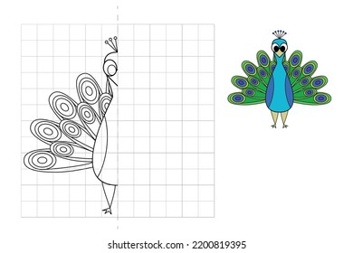 Complete the picture and coloring. Peacock. Game for kids: symmetry.