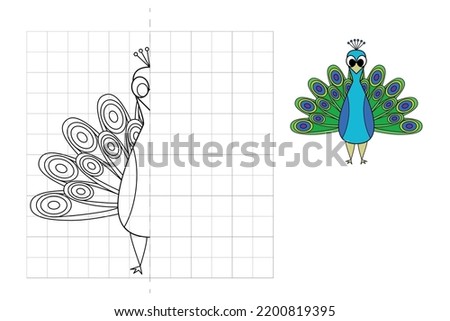 Complete the picture and coloring. Peacock. Game for kids: symmetry.