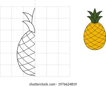 Complete the picture and coloring. Pineapple. Game for kids: symmetry.