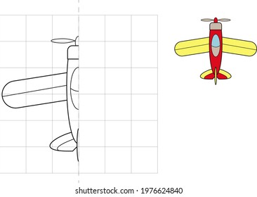 Complete the picture and coloring. Plane. Game for kids: symmetry.