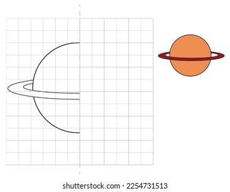 Complete the picture and coloring. Planet. Game for kids: symmetry.