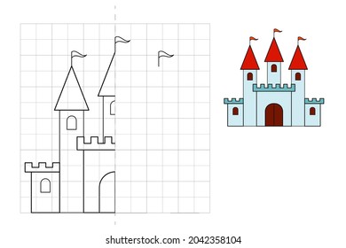 Complete the picture and coloring. Princess castle.