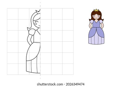 Complete the picture and coloring. Princess. Game for kids: symmetry.