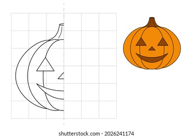 Complete the picture and coloring. Pumpkin. Game for kids: symmetry.