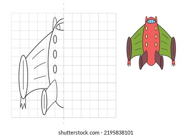 Complete the picture and coloring.  Red spaceship. Rocket. Game for kids: symmetry.