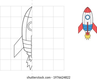 Complete the picture and coloring. Rocket. Game for kids: symmetry.