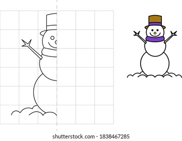 Complete the picture and coloring. Snowman.