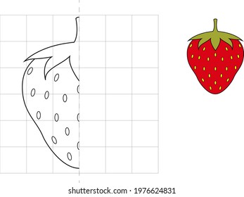 Complete the picture and coloring. Strawberry. Game for kids: symmetry.