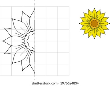 Complete the picture and coloring. Sunflower. Game for kids: symmetry.