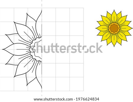 Complete the picture and coloring. Sunflower. Game for kids: symmetry.