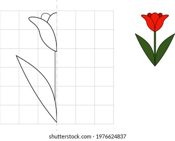 Complete the picture and coloring. Tulip. Game for kids: symmetry.