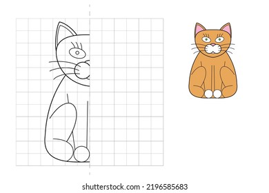 Complete the picture and coloring.Cat. Game for kids: symmetry.