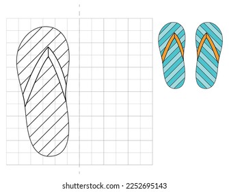 Complete the picture and coloring.Flip flops slippers. Game for kids: symmetry.