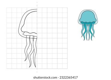Complete the picture and coloring.Jellyfish. Game for kids: symmetry.