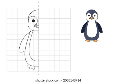 Complete the picture and coloring.Penguin. Game for kids: symmetry.