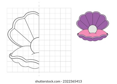 Complete the picture and coloring.Shell. Game for kids: symmetry.