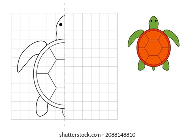 Complete the picture and coloring.Turtle. Game for kids: symmetry.