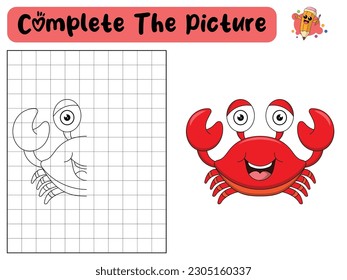 Complete the picture of a crab. Copy the picture. Coloring book. Educational game for children. Cartoon vector illustration