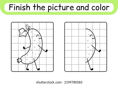 Complete the picture cucumber. Copy the picture and color. Finish the image. Coloring book. Educational drawing exercise game for children. Vector illustration