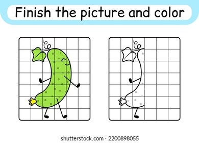 Complete the picture cucumber. Copy the picture and color. Finish the image. Coloring book. Educational drawing exercise game for children. Vector illustration