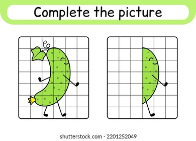 Complete the picture cucumber. Copy the picture and color. Finish the image. Coloring book. Educational drawing exercise game for children. Vector illustration