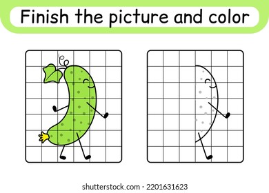 Complete the picture cucumber. Copy the picture and color. Finish the image. Coloring book. Educational drawing exercise game for children. Vector illustration