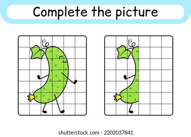 Complete the picture cucumber. Copy the picture and color. Finish the image. Coloring book. Educational drawing exercise game for children. Vector illustration