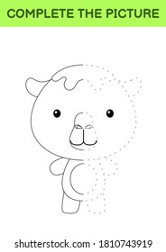 Complete the picture of cute camel. Coloring book. Copy picture. Handwriting practice, drawing skills training. Education developing printable worksheet. Activity page. Cartoon vector illustration.